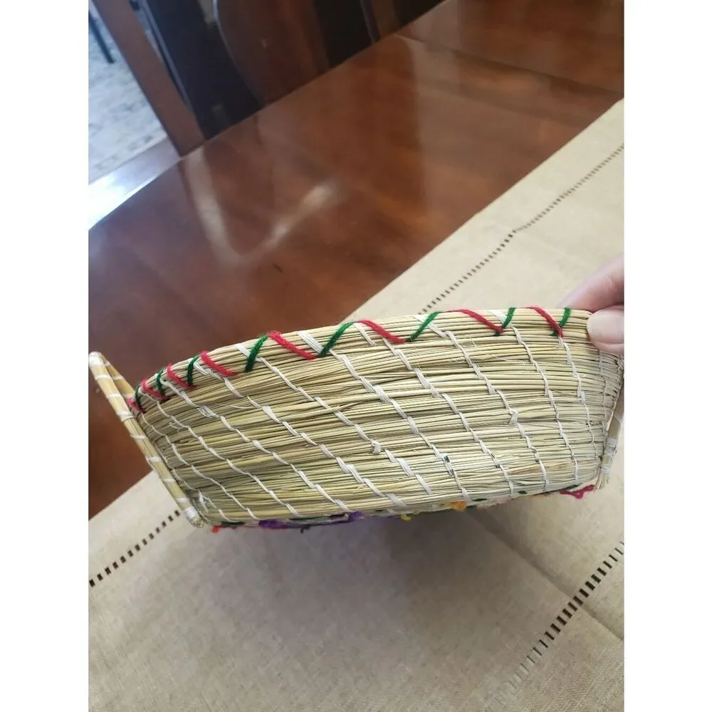 Handwoven Basket With Handles Colorful Embroidered